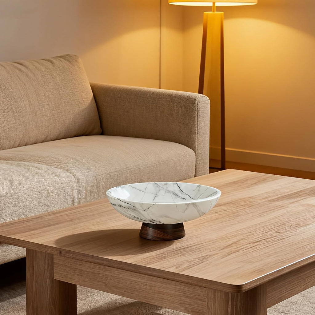 White Marble Texture Decorative Bowl with Acacia Wood Base - 11" Modern Pedestal Fruit Bowl for Table Centerpiece