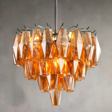 Pendant Light Kitchen Island, Black Chandeliers for Dining Room, 4-Light Pendant Lighting, 17" Modern Round Chandelier for Bedroom, Tiered Amber Glass Pendant Light Fixtures for Living Room