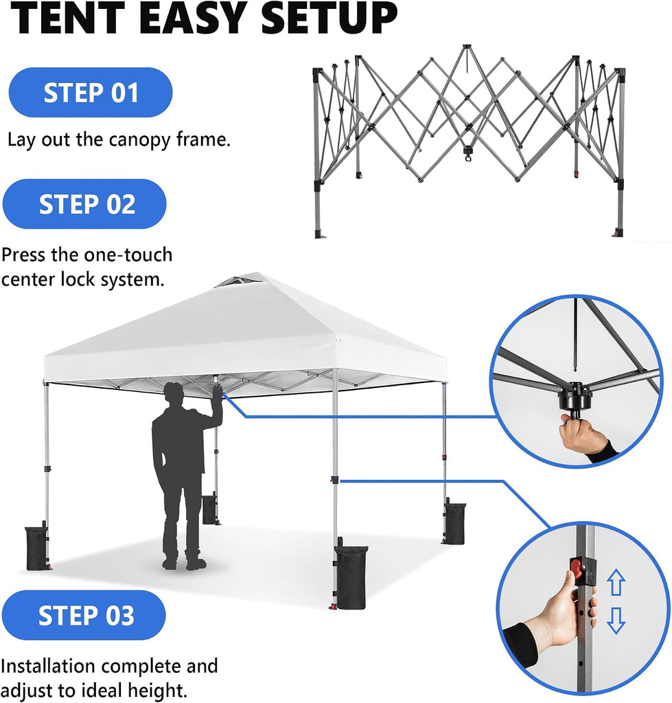 10x10ft 1-Person Pop Up Canopy Tent, Heavy Duty One Push Setup Portable Outdoor Shelter Events Camping with Rolling