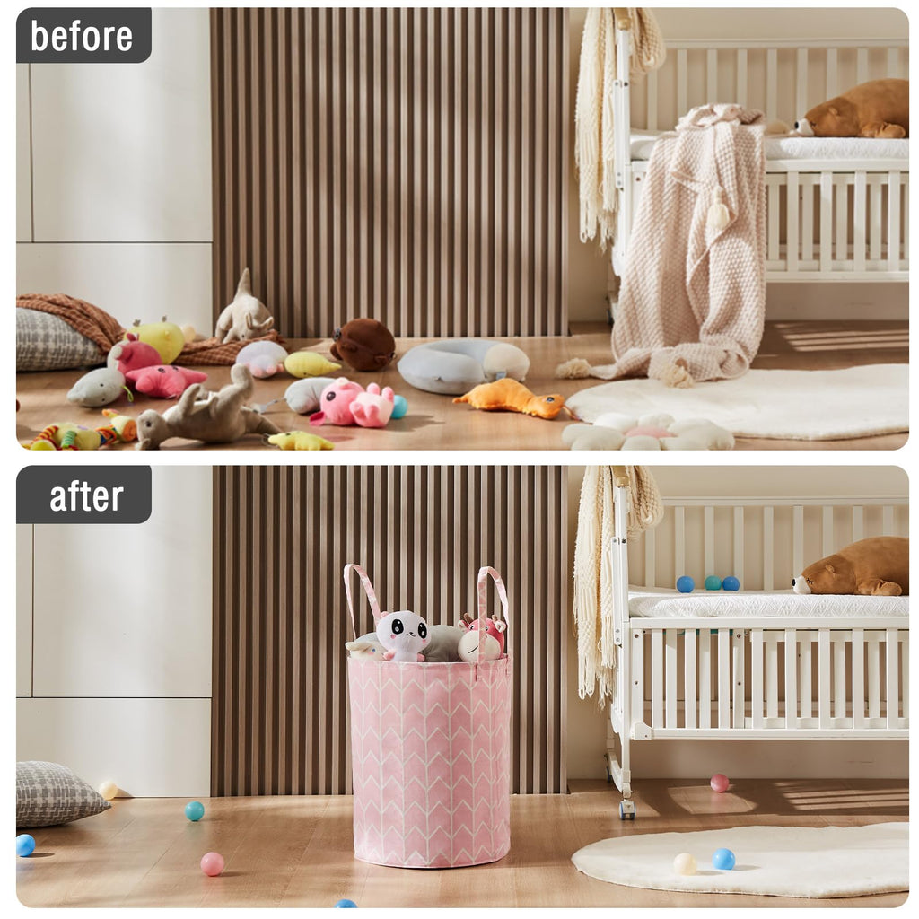 Baby Laundry Basket Nursery Hamper with Long Handles, Pink Geometry 2 Pcs