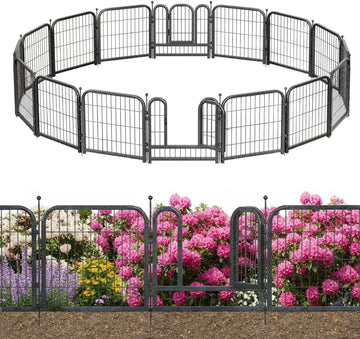 Decorative Garden Metal Fence 31.4ft (L)×24in (H) with 14 Panels 2 Gate Outdoor, No Dig Rustproof Wire, Animal