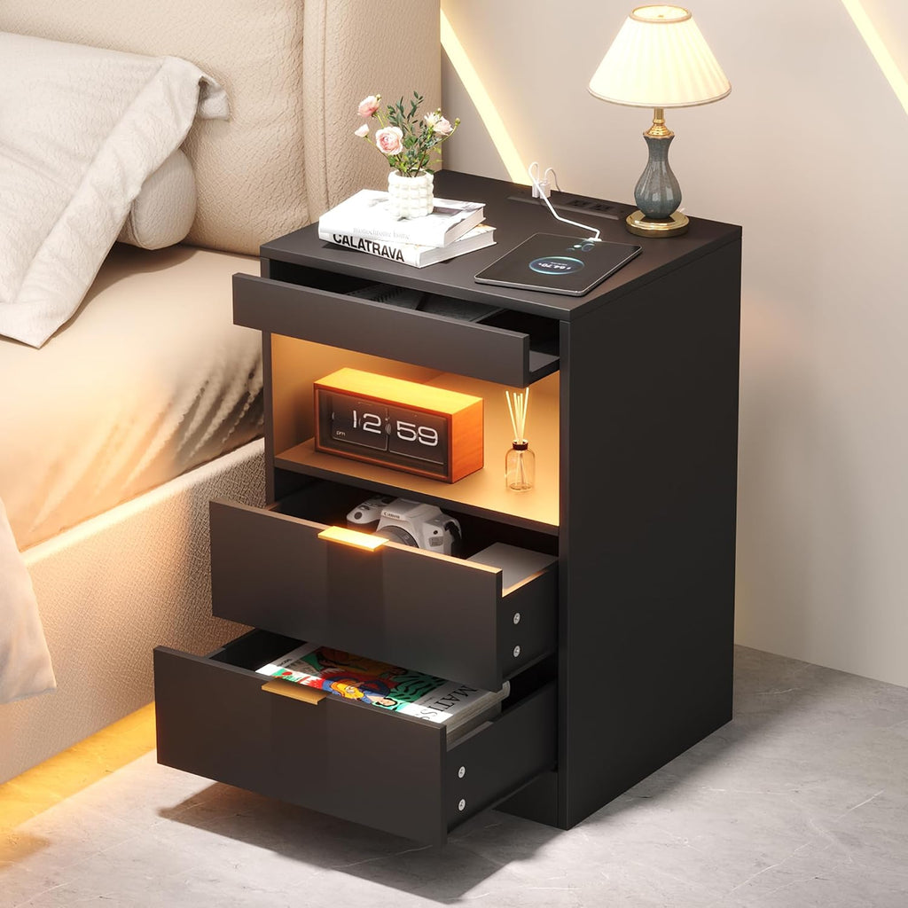 Night Stand, Black Nightstand, LED Nightstand with Charging Station, Modern Night Stand, Bedside Table, Wood Sofa