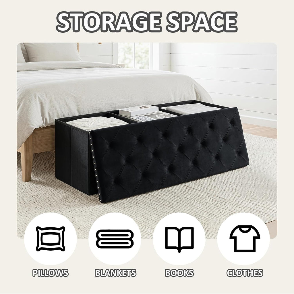 Black Storage Ottoman Bench , Folding Velvet Chest with Benches Foot Rest Stool, Large Long Shoes Chest