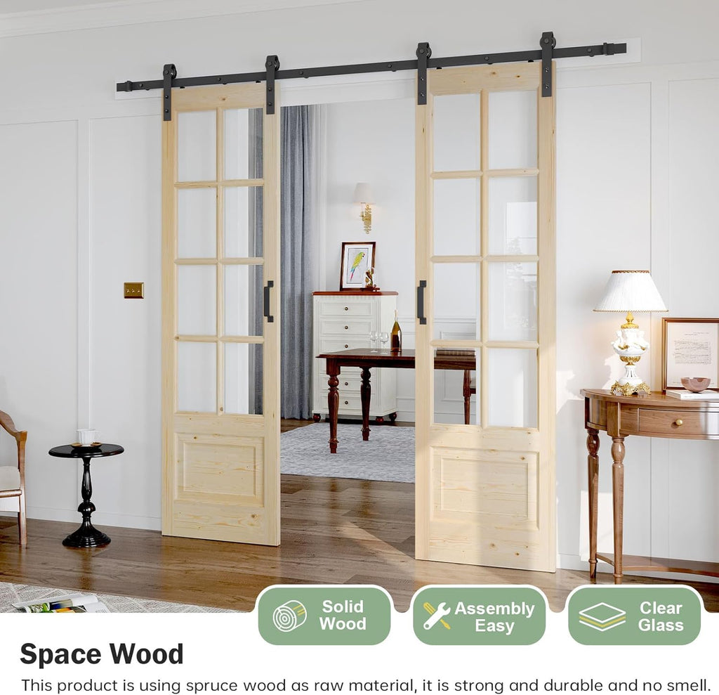 Preassembled 48x84 (Double 24x84) Inch Clear Glass French Interior Door with 8Ft Barn Door Hardware 