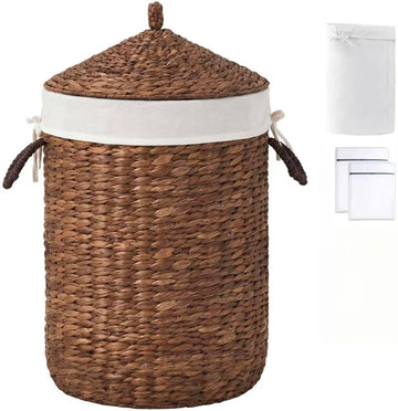 Round laundry hamper with lid, Handwoven Wicker Laundry Basket with Handles and Removable Liner for Dirty Clothes