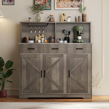 Farmhouse Sideboard Buffet with Microwave Stand, Barn Doors Buffet Storage Cabinet with Drawers and Shelves, Wood