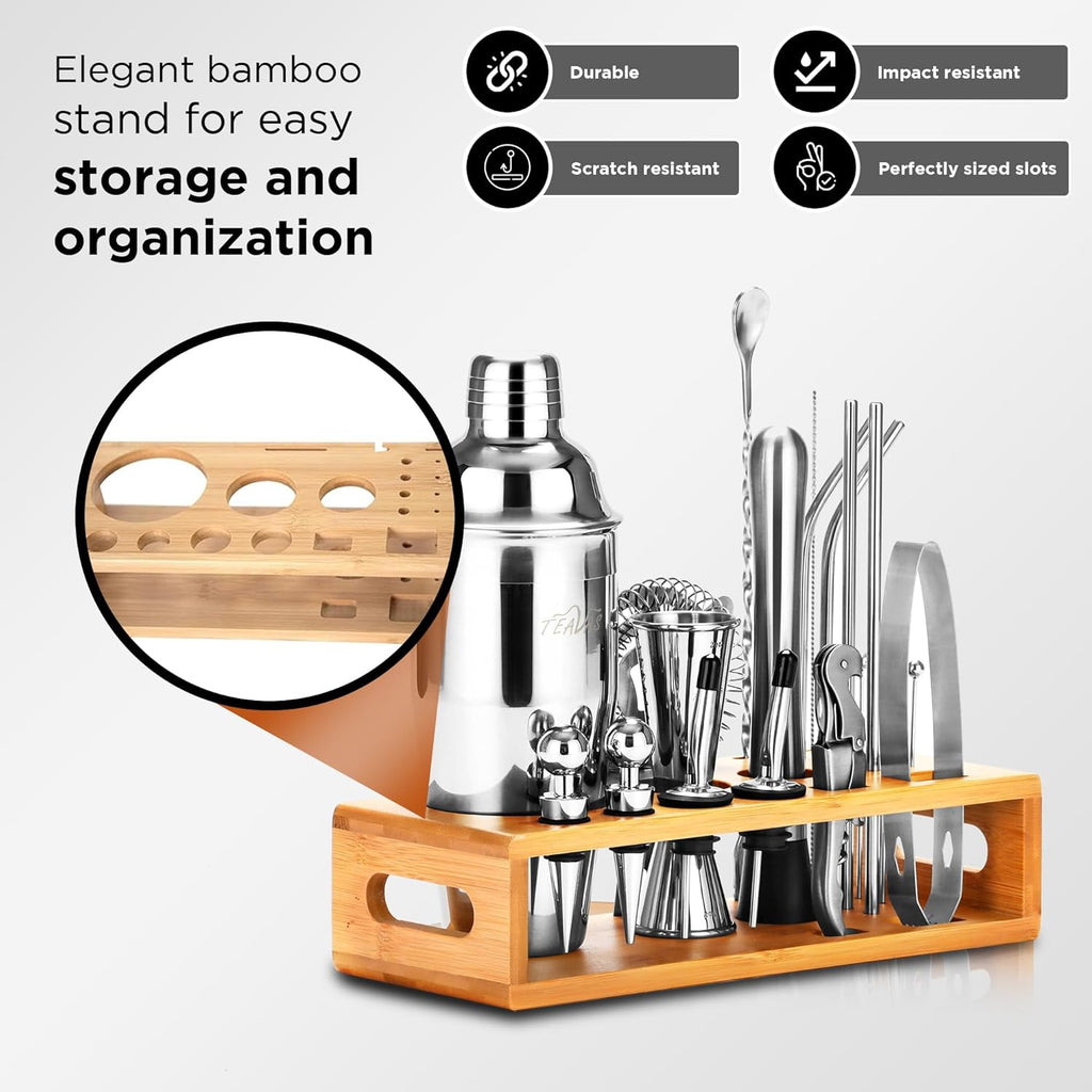 Mixology Bartender Kit with Japanese Jigger & Bamboo Stand - 25 Piece Stainless Steel Cocktail Making Set, Shaker