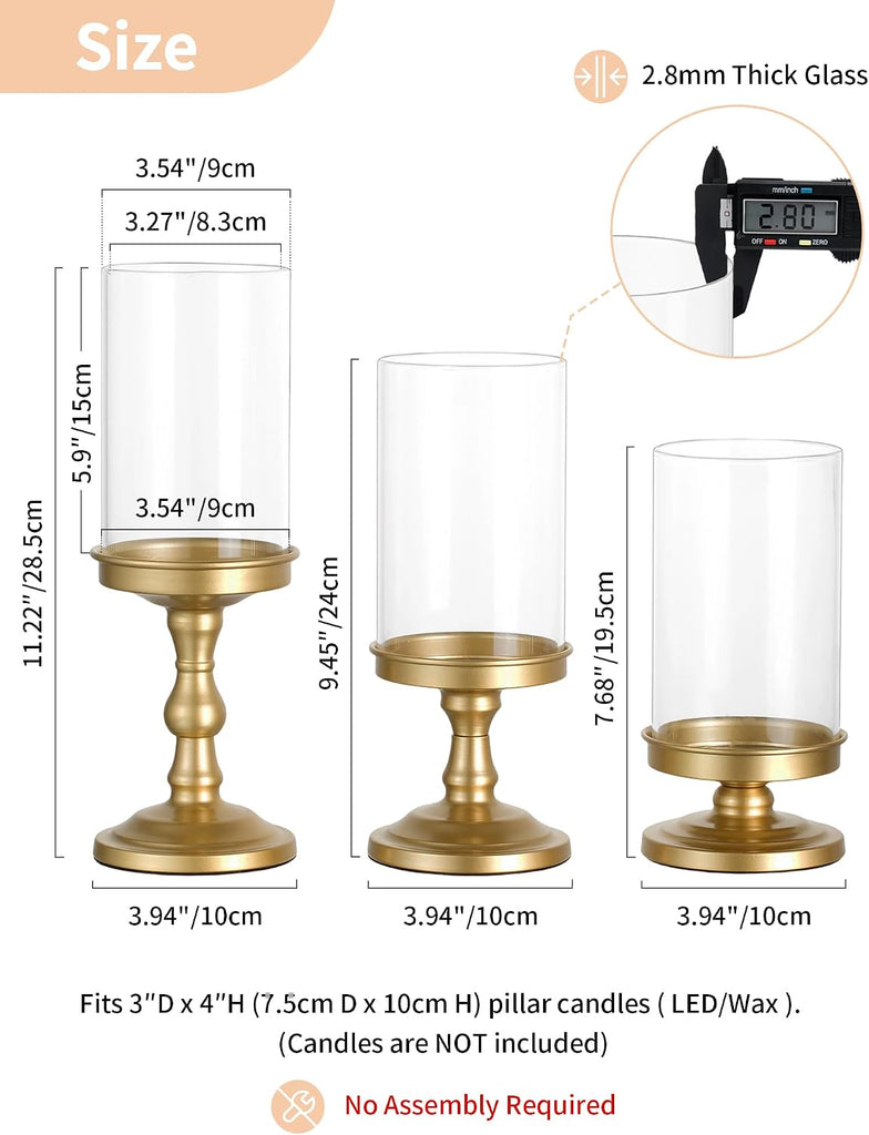 Hurricane Glass Candle Holders: Gold Pillar Candle Stand with Open Ended Chimney - Set of 3 Metal Candleholder for