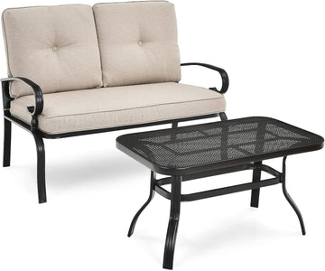 Patio Loveseat with Coffee Table - 2-Piece Patio Conversation Sofa Set w/Backrest & Cushions, Modern Outdoor Glider
