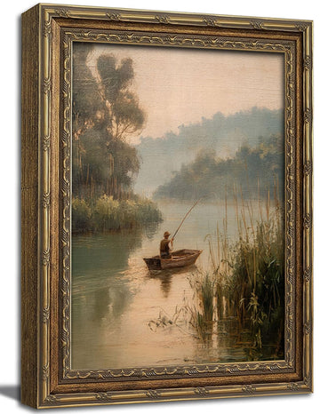 Vintage Gold Framed Wall Art Vintage Fishing Wall Art Country Fisherman Cottagecore River Landscape Wall Decor