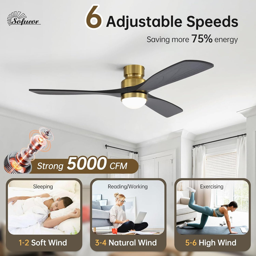 52" Solid Wood Ceiling Fan Lights, Flush Mount & Downrod Mount Ceiling Fan with Lights and Remote