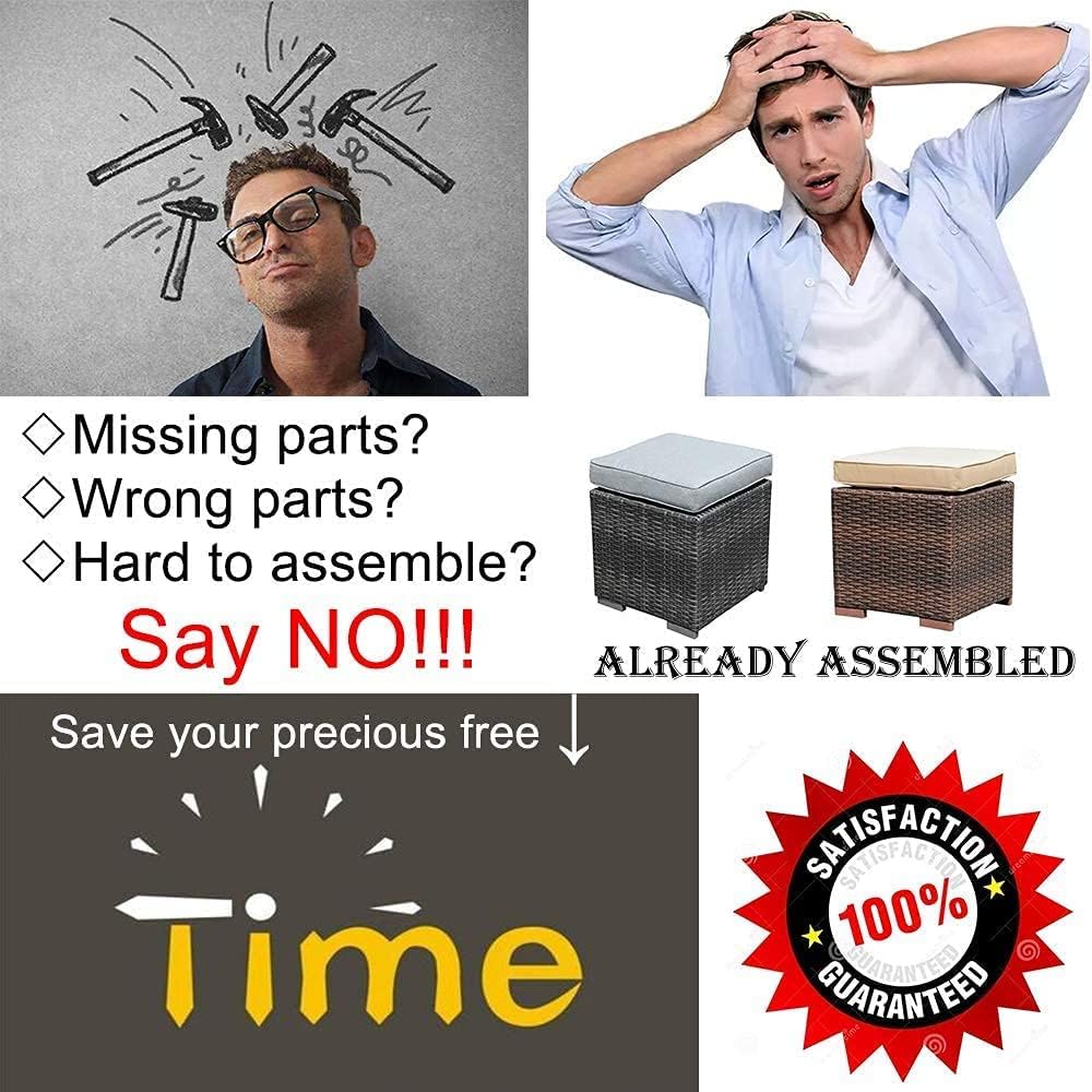 2 Pieces Assembled Outdoor Patio Ottoman, Grey Wicker, Light Grey | Indoor Outdoor All-Weather Rattan Footstool