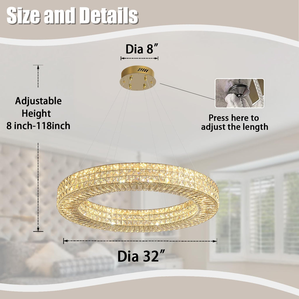 Dia 32" Ring Crystal Chandelier Modern Gold Chandelier Adjustable Height Luxury Crystal Pendant Ceiling Light Fixture for Dining Living Room Bedroom
