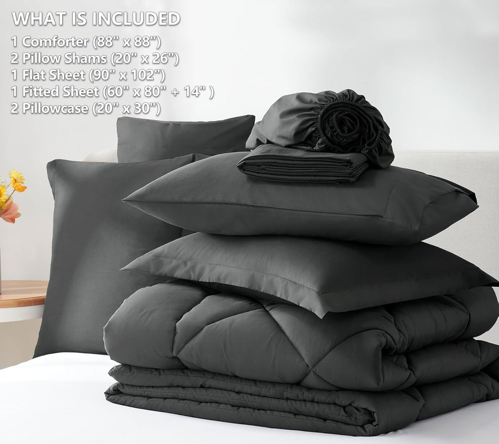 Comforter Set Dark Grey - Bed in a Bag 7 Pieces, Luxury Soft Bed Set for All Seasons