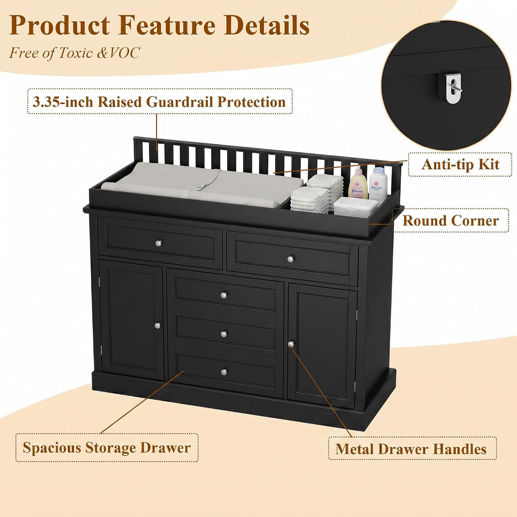 46" Black Baby Changing Table Nursery Dresser with Removable Top | Large Dresser with 5 Storage Drawers and 2 Doors