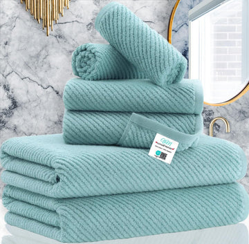 6PC Towel Set, 100% Cotton, Aqua Teal | 2 Bath 30x56 In, 2 Hand 18x28 In, 2 Washcloths 13x13 In, Thick, Soft, Quick