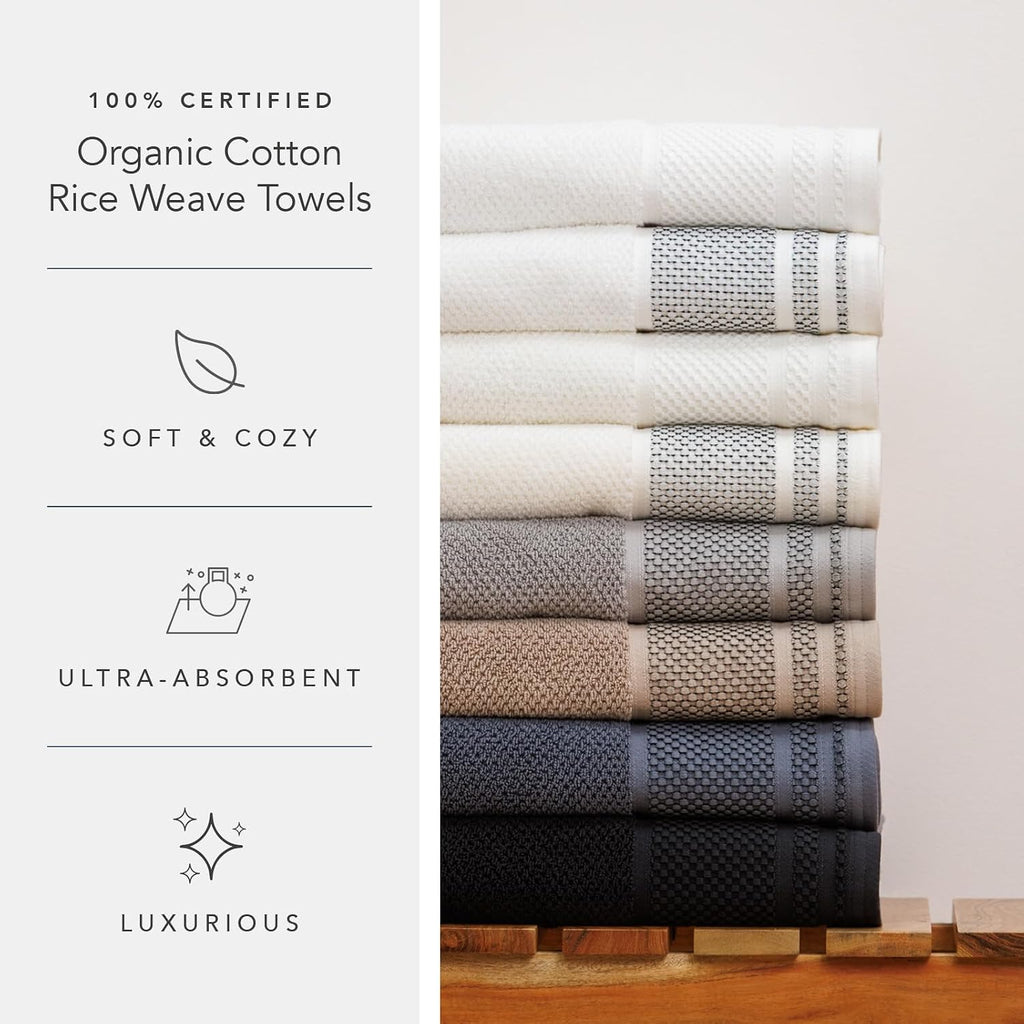 100% Organic Cotton Rice Weave Jacquard 700 GSM Luxury Bath Towel Set - 2 Large Bath Towels, 2 Hand Towels
