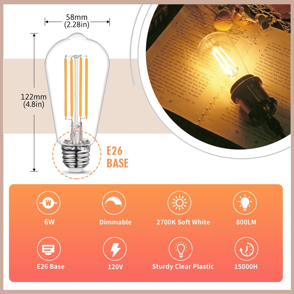 10 - Pack Shatter Resistant LED Edison Light Bulbs 60W Equivalent, Dimmable ST58 Vintage Light Bulbs, E26 Medium Base