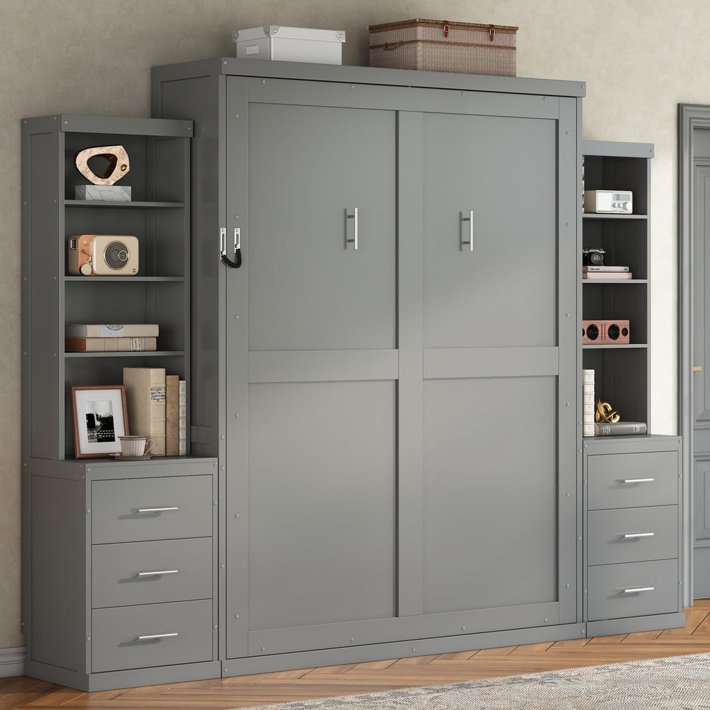 Full Murphy Bed with Storage Shelves and Drawers, Solid Wood Foldable Hidden Vertical Murphy Wall Bed with Storage