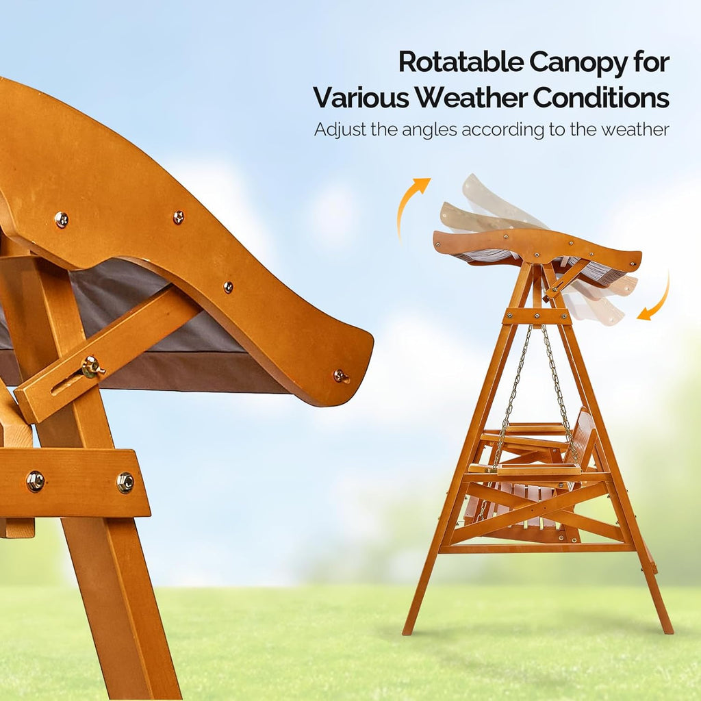 Porch Swing with Stand and Canopy, Waterproof Patio Swing, Brown | Waterproof Canopy; Sturdy Swing Stand; Built-in