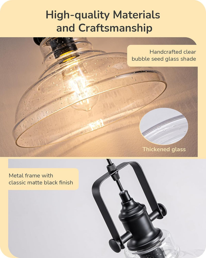 Farmhouse Pendant Lights Kitchen Island, Clear Seeded Glass Shade Hanging Light with Matte Black Finish, Modern