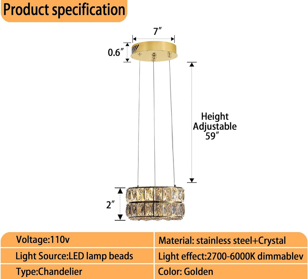 Led 11.8" Gold Ring Crystal Chandelier, Modern Dimmable Chandeliers Lighting and Hanging Adjustable, LED Round Ceiling Light Fixtures for Dining Room Living Room