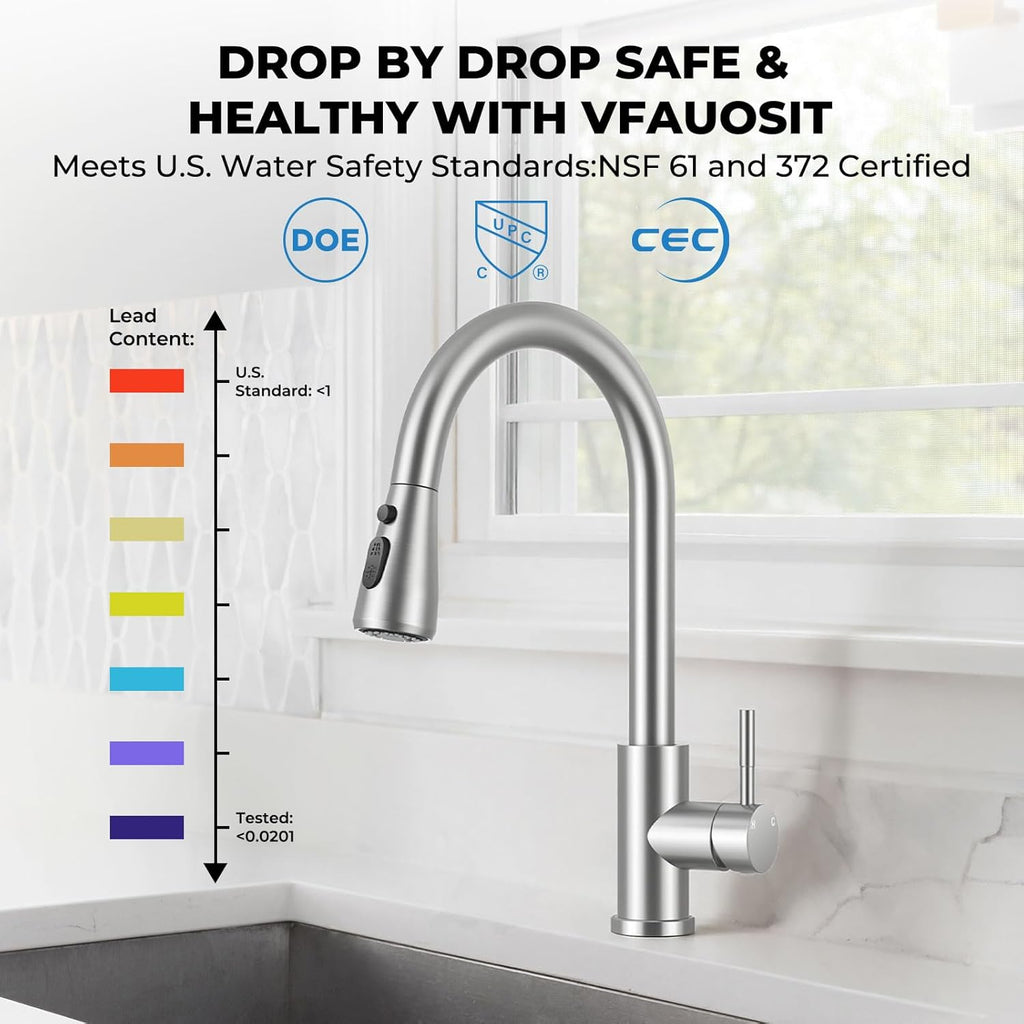 Kitchen Faucet with Pull Down Sprayer, VFAUOSIT Lead-Free Kitchen Sink Faucet Brushed Nickel Stainless Steel High Arc