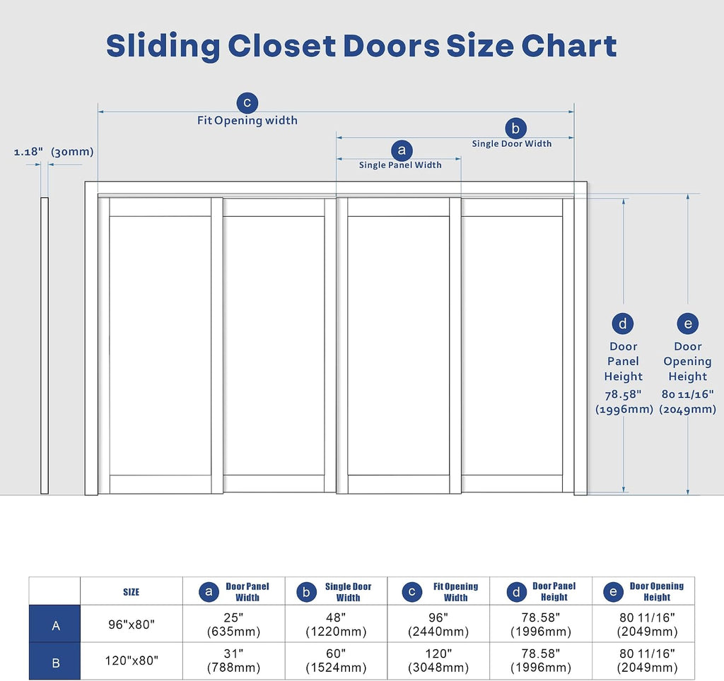 Double Sliding Closet Door, 96" x 80" (Double 48"), One Side Mirror, Complete Set with Hardware, Finished MDF, White - Ideal for Bedrooms, Closets