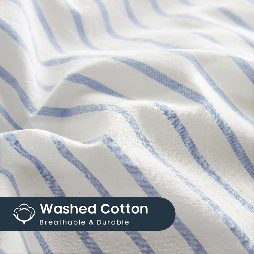 Striped Cotton Duvet Cover Set, Ticking Stripe Vertical Pinstripe Farmhouse, 100% Washed Cotton Textured Bedding Set