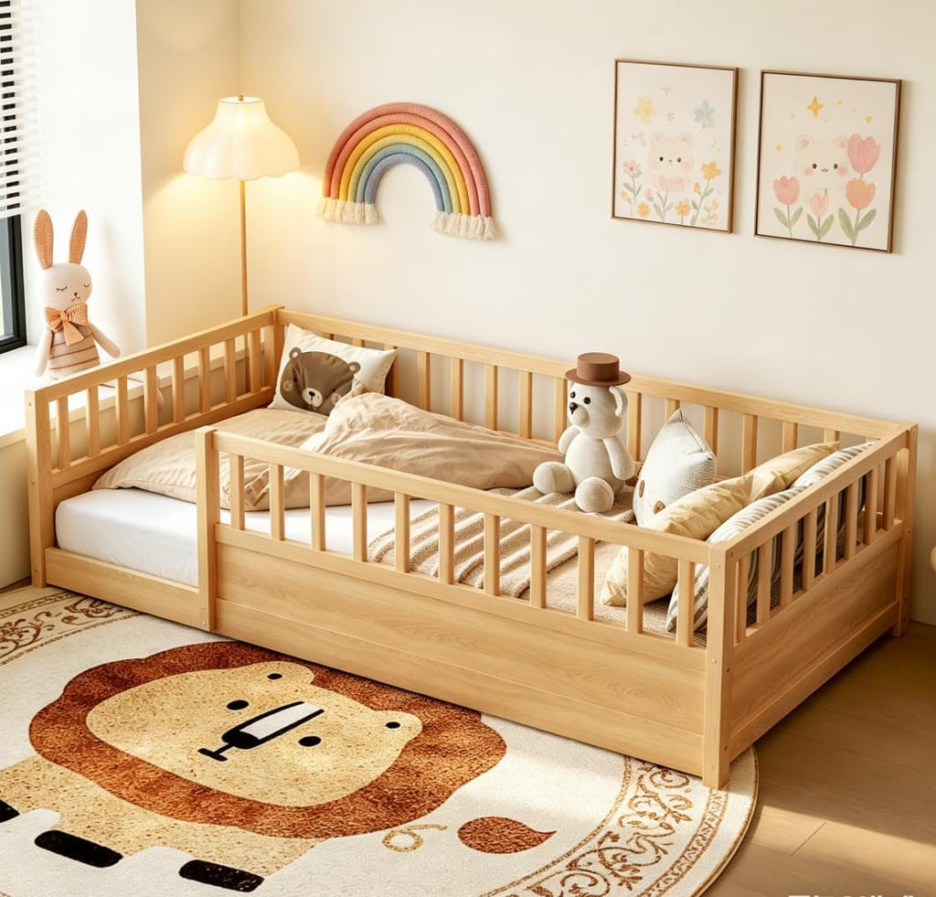 Twin Floor Bed with high Fence, Solid Pine Wood Montessori Bed for Kids Girls Boys Floor Bed Frame,Natural with slats