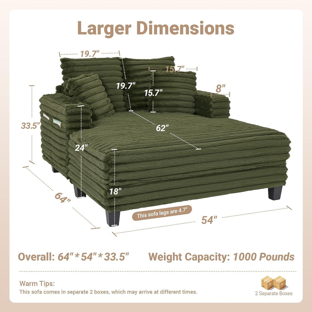 64" Oversized Chaise Lounge Chair with Wood Frame, 2 Cup Holders | 4 Storage Pockets, Plush Corduroy Fabric