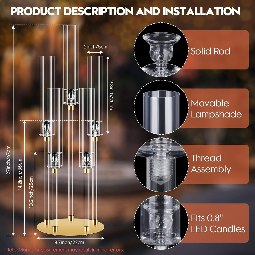 2 Sets 5 Arm Acrylic Candle Holder, Mjkeomo 26'' Tall Candelabra Centerpieces for Tables Clear Candlesticks Holder