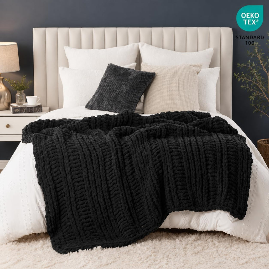 Chunky Knit Throw Blanket, Hand Made Chenille Throw Blanket, Super Soft Warm Cozy Charcoal Blanket, 50"x60"