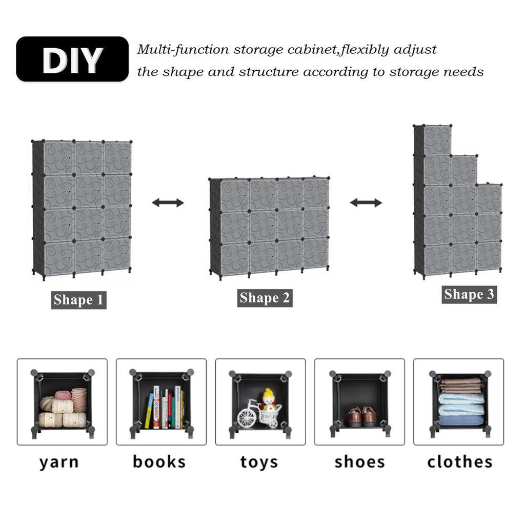 12 Cube Storage Organizer, Closet Storage Shelves with Doors, Black