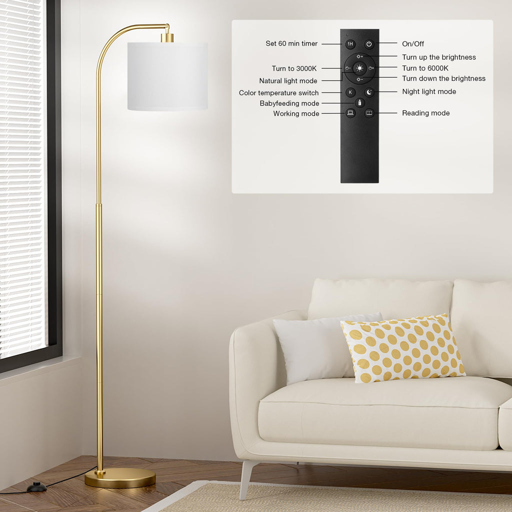 Arc Floor Lamp with Remote and Stepless Dimmable Bulb, Colors Temperature & Brightness Adjustable, Floor Lamps (White