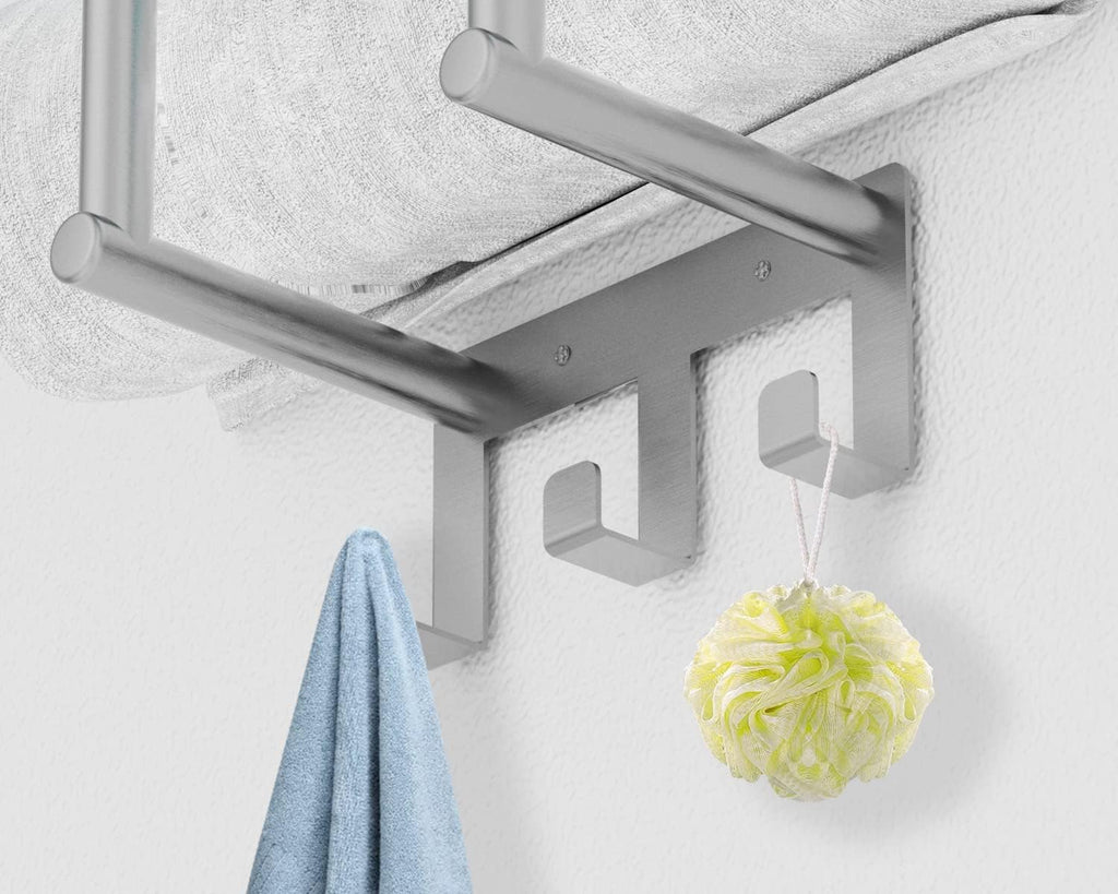 Towel Racks Wall Mounted with 3 Hooks, Brushed Nickel | Stainless Steel Towel Rack with Shelf, Towel Storage Holder