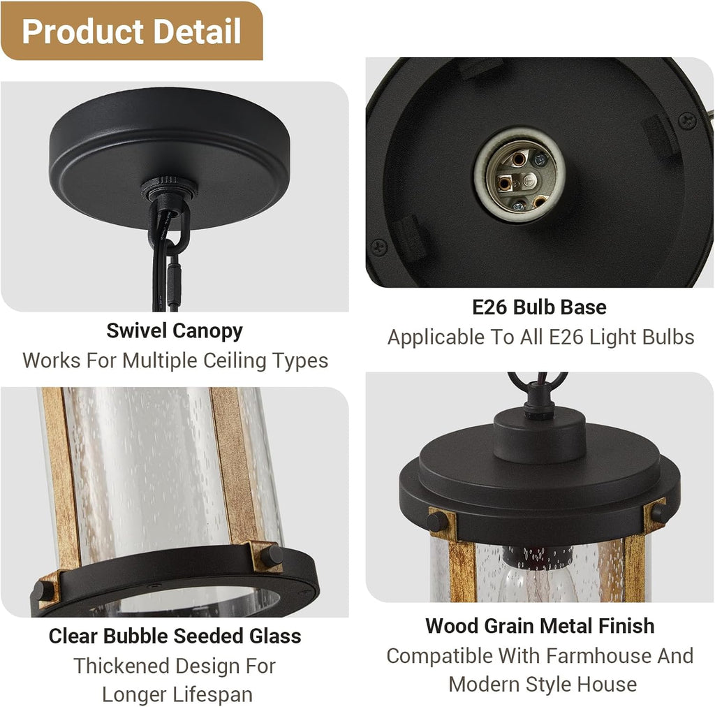 Outdoor Pendant Light for Porch, Black Farmhouse Wood Grain Finish Outdoor Chandelier with Clear Seeded Glass