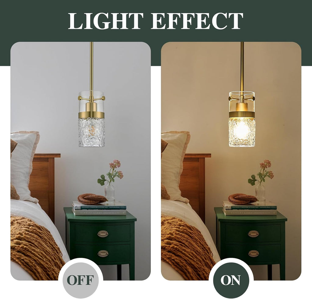 Glass Pendant Light Kitchen Island Brush Gold Modern Pendant Light Fixture with Water Ripple Glass 1-Light Mini