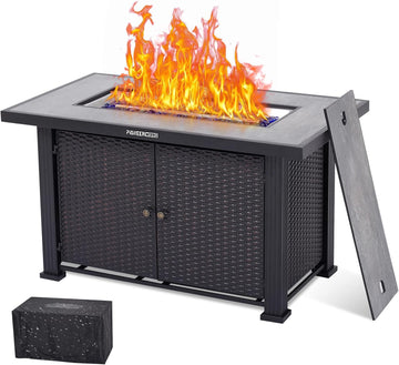 44 in Propane Fire Pit Table (Double Door), 50000BTU Rectangle Fire Table with Cover & Rain Cover, Sturdy Steel and
