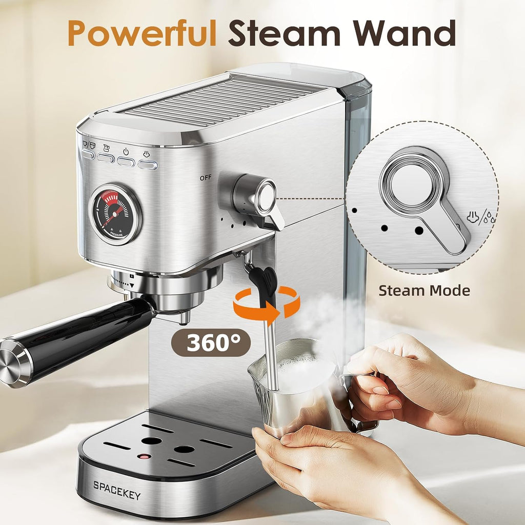 Espresso Machine with Milk Frother, 20 Bar Compact Expresso Coffee Machines , Stainless Steel Espresso Maker with