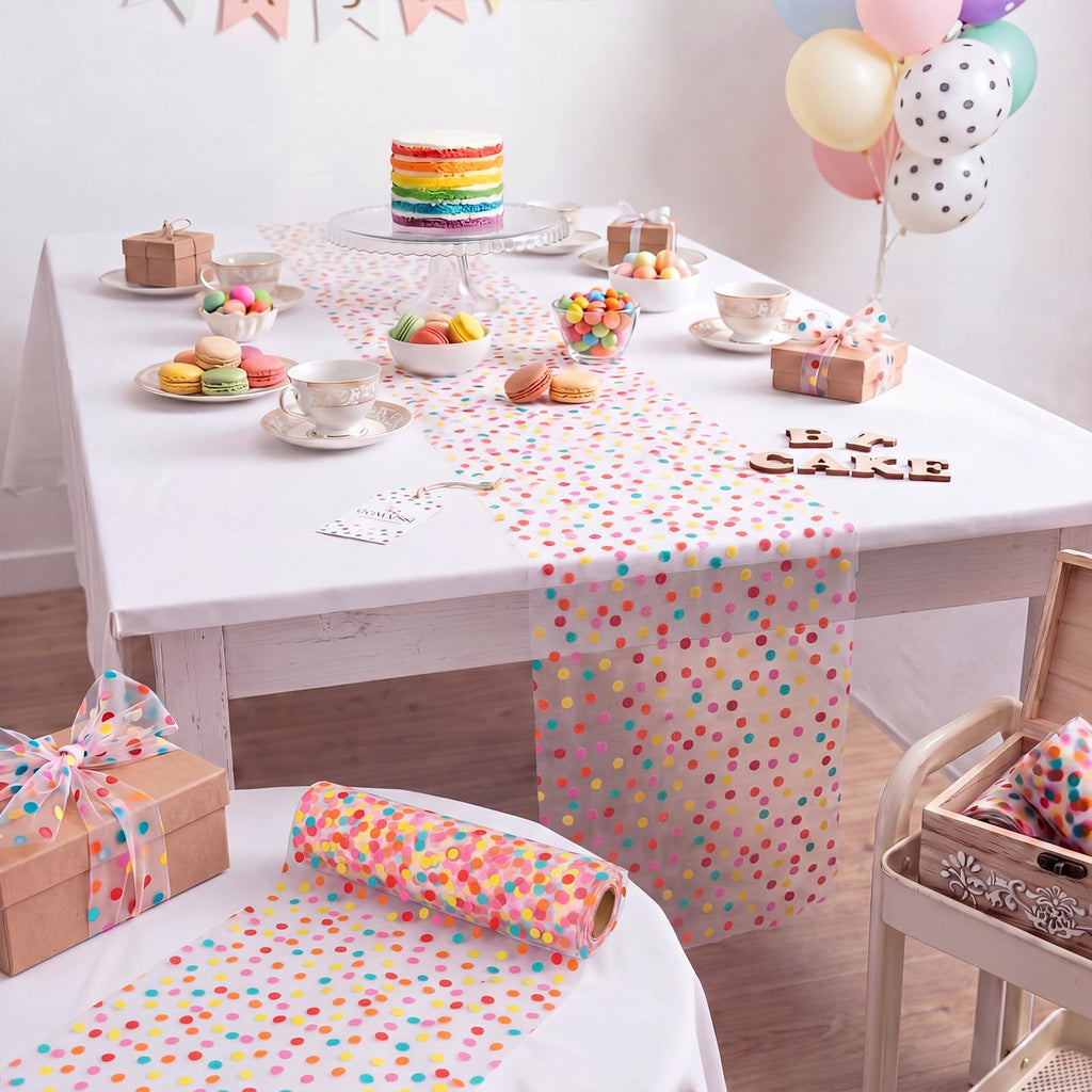 Polka Dot Tulle Table Runner 11 Inch x 16.4 Yards, 49.2 FT