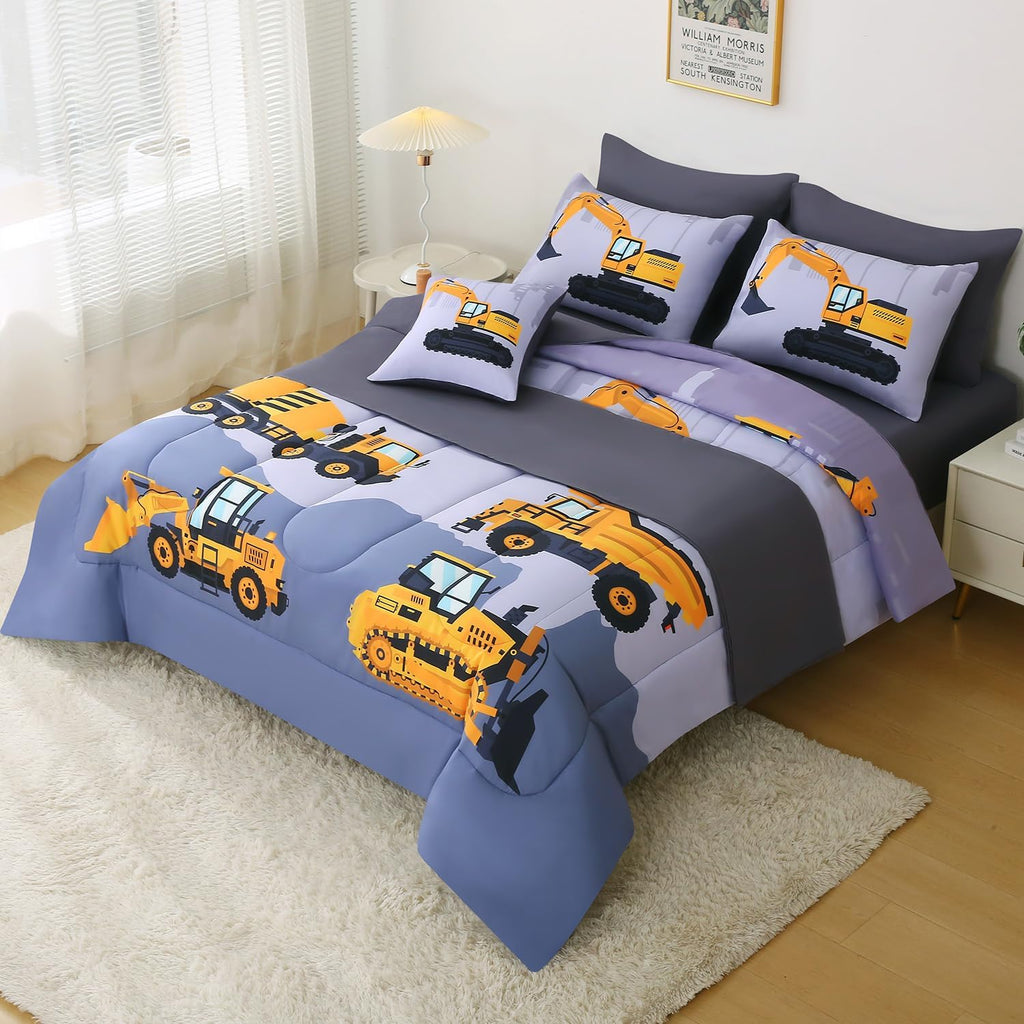 Construction Bedding Sets for Boys Kids, 6 Piece Bed in A Bag 3D Cartoon Car Excavator Tractor Comforter Set