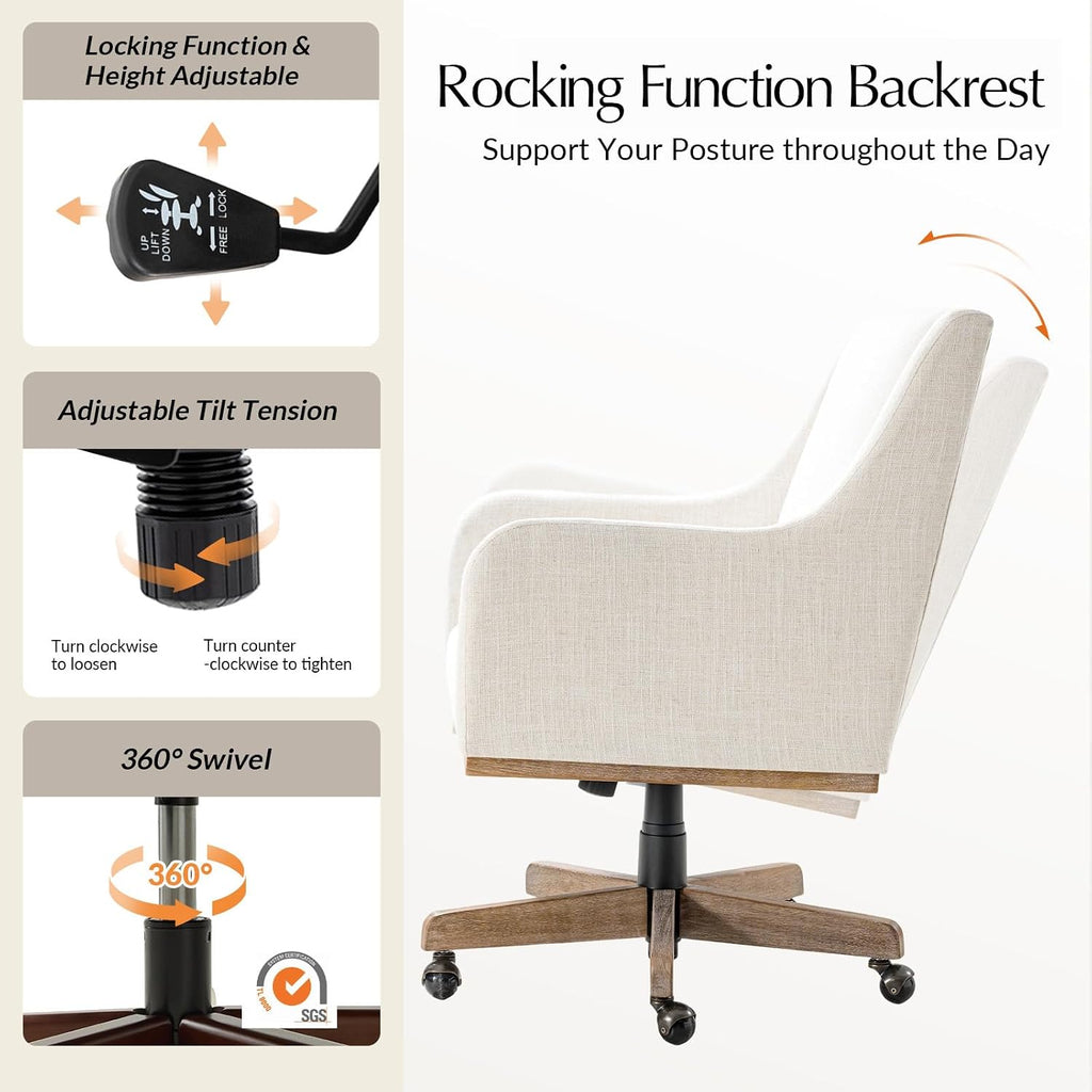 Wood Upholstered Home Office Desk Chair with Curved Armrests, Farmhouse Adjustable Height 360° Swivel Wide Seat