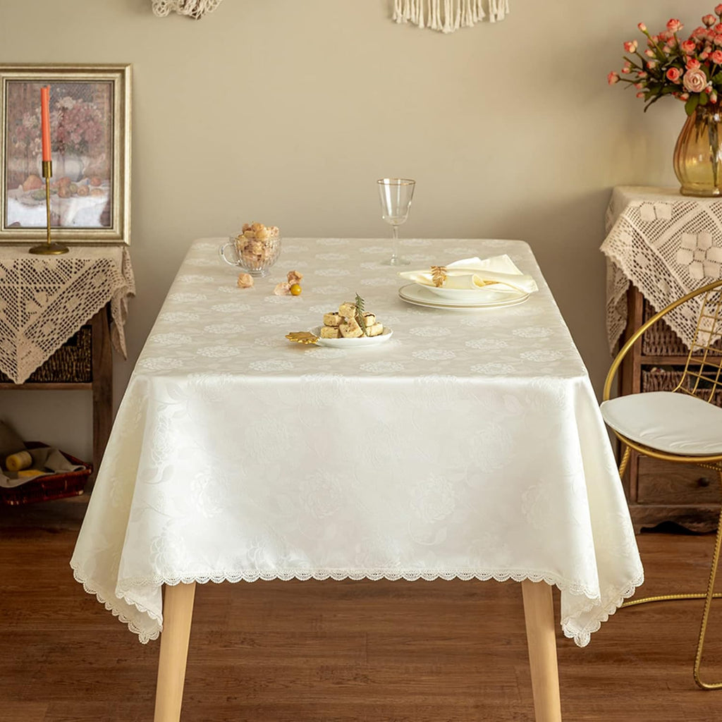 Rose Jacquard Textured Tablecloth Waterproof Spillproof Lace Trim Rectangle Table Cloth, Oblong Tabl