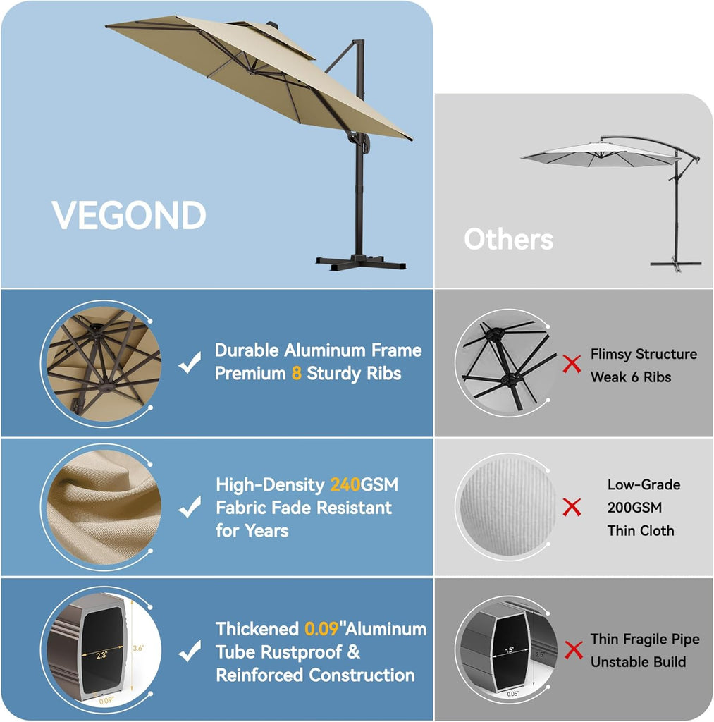 9x12 FT Patio Cantilever Umbrella (Base Not Included), Rectangular Heavy Duty Offset Umbrella for 6-8 People