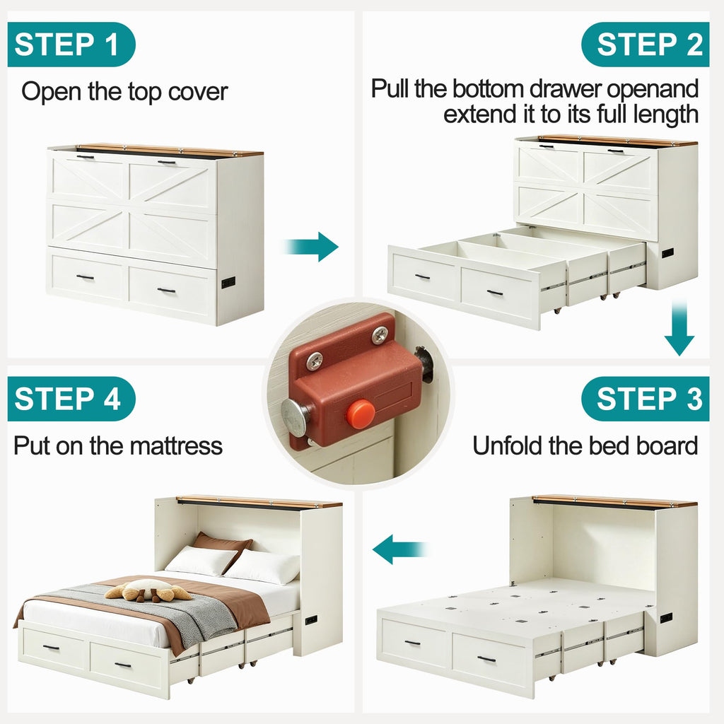 Queen Murphy Bed with Charging Station Large Storage Drawer Farmhouse Wood