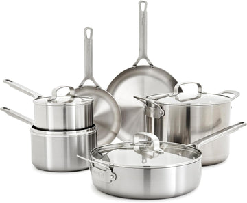 X Bobby Flay 10 Piece Stainless Steel Cookware Set, Tri-Ply Multiclad Pots & Pans, Professional Grade, Oven & Broiler