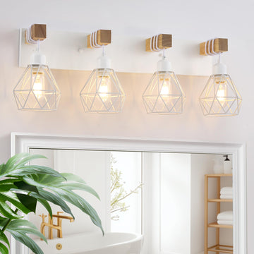 Bathroom Vanity Light Fixtures, 4 Light Farmhouse Wood Over Mirror White