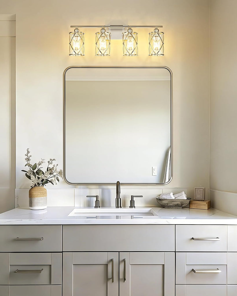 4-Light Brushed Nickel Bathroom Light Fixtures, 29 Inch Modern Bathroom Vanity Lighting Fixtures Over Mirror with