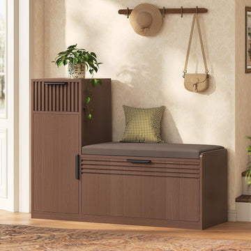 45.3" L-Shaped Storage Bench, Entryway Bench with Shoe Storage and Cushion, 3-Level Adjustable Shelves Flip Drawer &